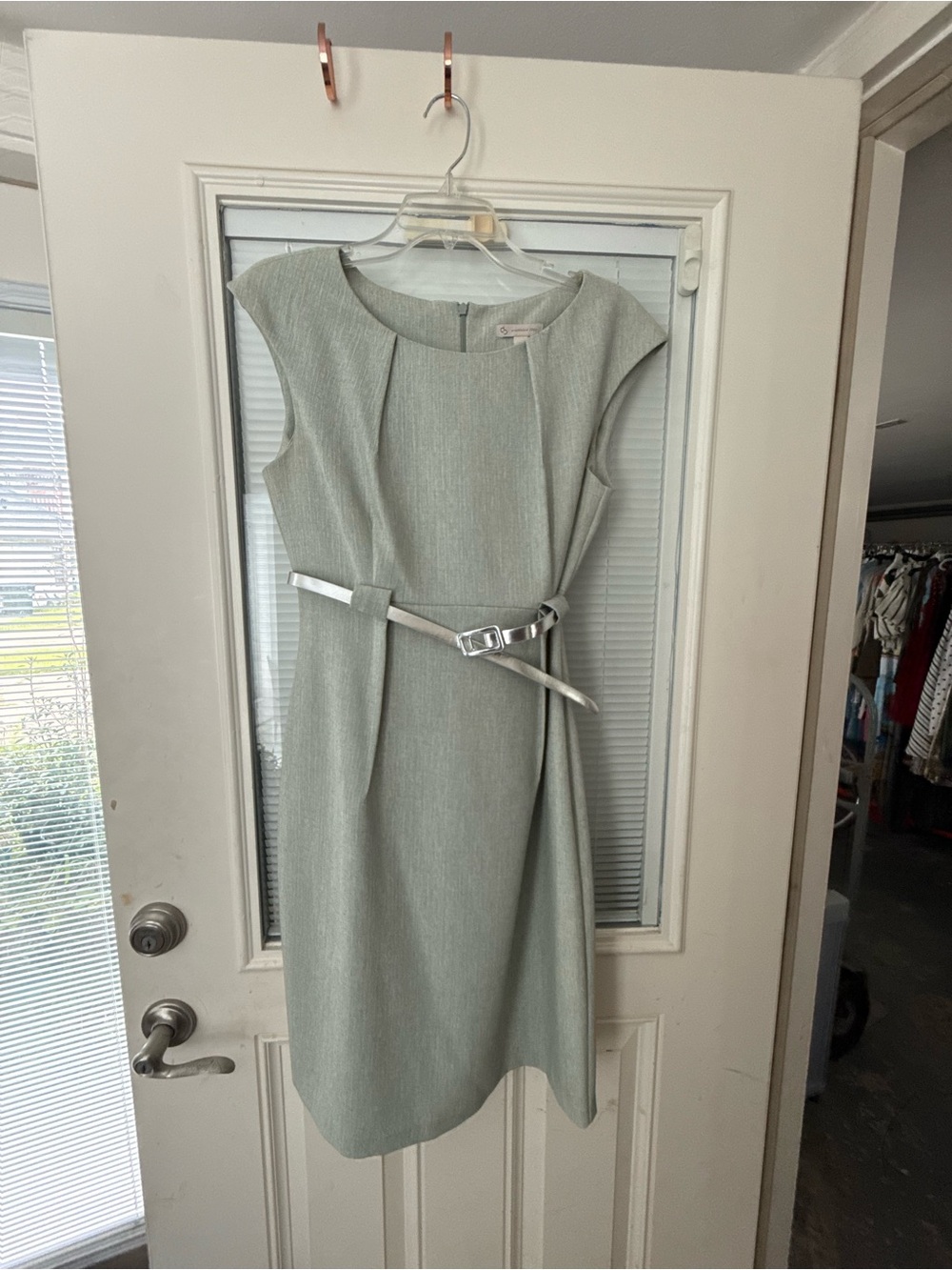Cap-Sleeve Midi Sheath Dress in Gray with Slim Belt